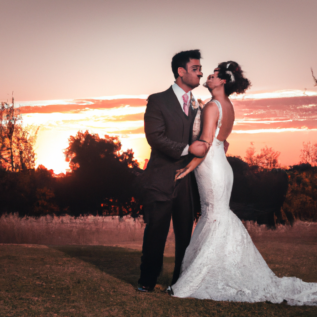 Pareja de novios al atardecer con luz cálida y estilo cinematográfico